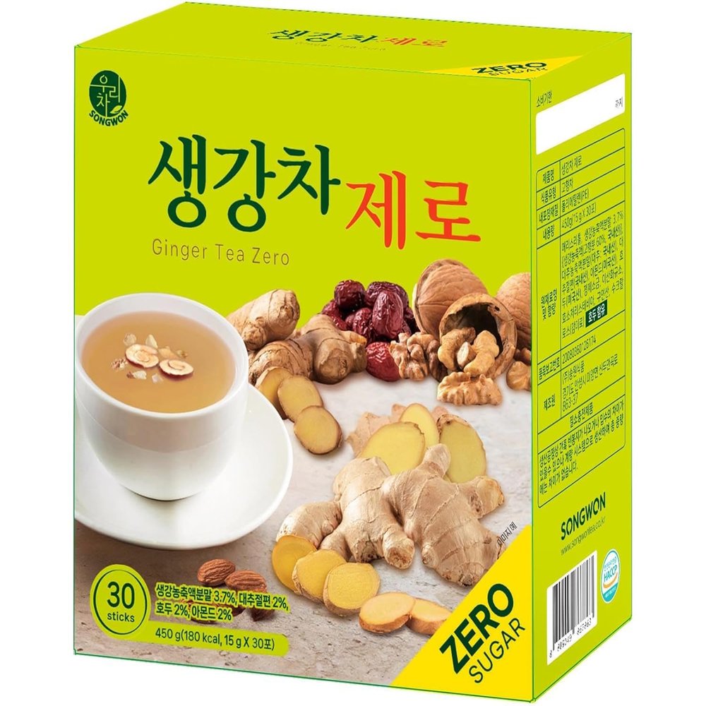 SONGWON Ginger Tea Zero, Sugar-Free Korean Herbal Tea, 15 Individually Sealed Stick Packs, Natural Flavor, No Artificial Sweeteners_30 Packs (15g each, 15.9 oz Total)