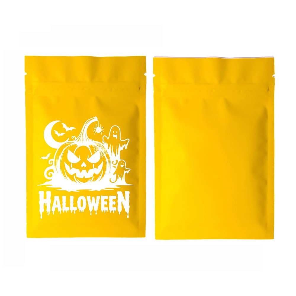 4 CUSTOM PRINT 100PCS 4 * 6 Inch Halloween Resealable Mylar Bags,Small Trick or Treat Cookie Goodie Bag,Smell-proof Foil Pouch for Candy Snack (Yellow-50PCS, 4 * 6Inch)