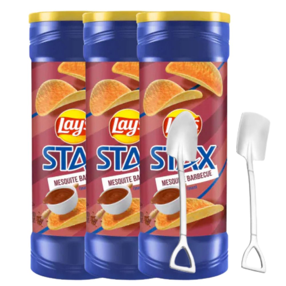 Candy Freezer L@y's St@x Mesquite Barbecue Potato Chips Gluten Free, 5.5 Oz (Pack of 3) Canister Pack with Mini Metal Shovel Spoons (Mesquite Barbecue) Shovel Spoons