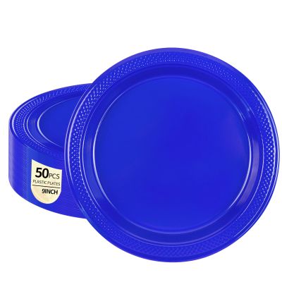 HiEnjoin 50-Pack Royal Blue Plastic Plates, 9 Inch Disposable Party Plates Dinner Plates for BBQ Picnic Birthday Party Supplies (Royal Blue, 9 Inch)