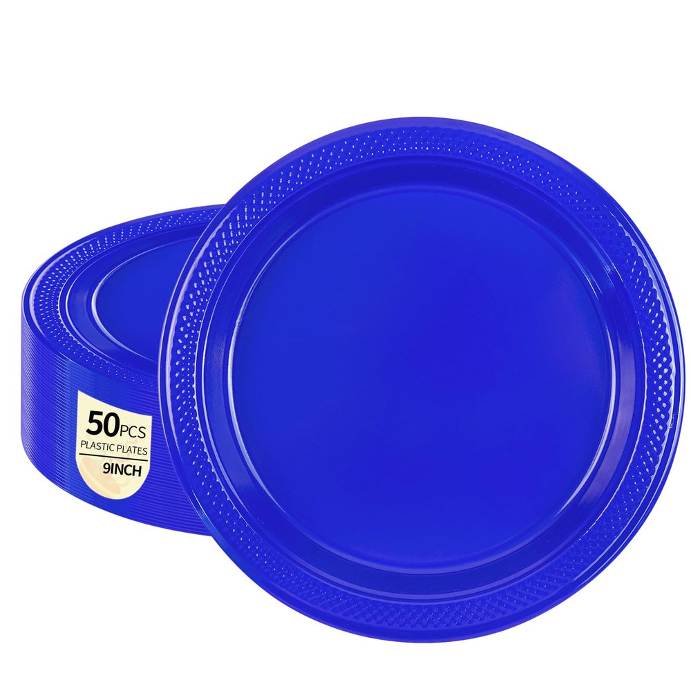 HiEnjoin 50-Pack Royal Blue Plastic Plates, 9 Inch Disposable Party Plates Dinner Plates for BBQ Picnic Birthday Party Supplies (Royal Blue, 9 Inch)