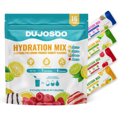 Dujosoo Electrolyte Drink Powder, Sugar Free Variety Flavors, Orange, Lemon, Raspberry, Ice Cream, 7 Electrolytes, 6 Vitamins, Lion's Mane, Collagen, BCAA, Vegan, Non-GMO, 11.28oz(16 Sticks)