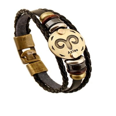 12 Constellation Men's Leather Bracelet Microfibre Leather Braided Bracelet Wrap Bracelet with Magnetic Clasp Length 21 cm, One Size, Leather, No Gemstone