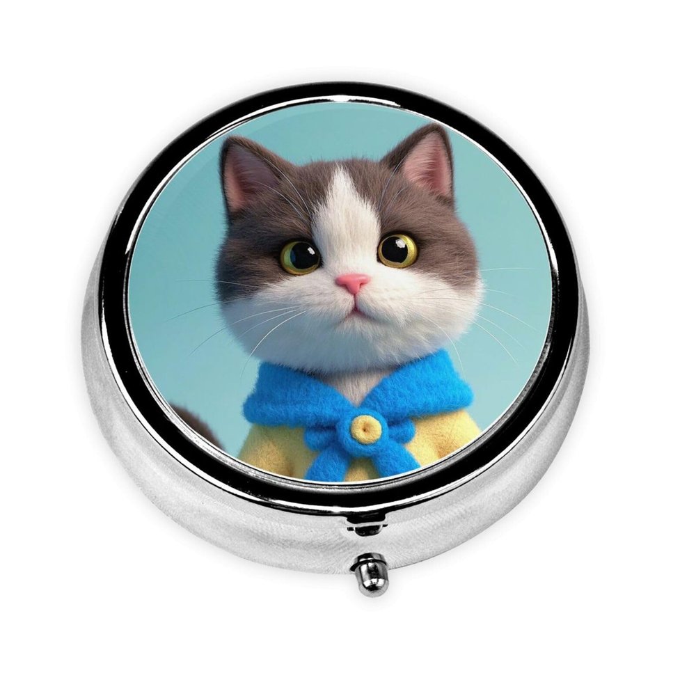 Round Pill Case for Purse or Pocket 2 Compartment Medicine Pill Box Portable Small Pill Organizer Cute Clothes Cat Pillbox Travel Medicine Vitamin Cod Liver Oil Storage Box