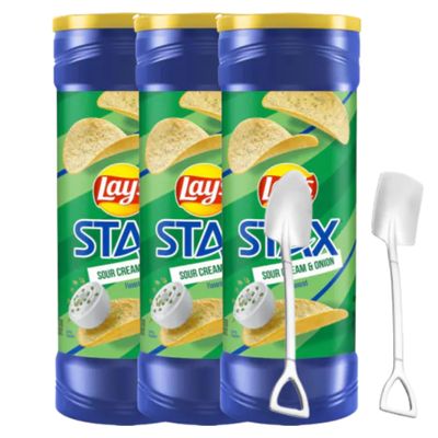 Candy Freezer L@y's St@x Sour Cream & Onion Crisps Potato Chips 5.5 Oz (Pack of 3) Canister Pack with Mini Metal Shovel Spoons (Sour Cream & Onion) Shovel Spoons