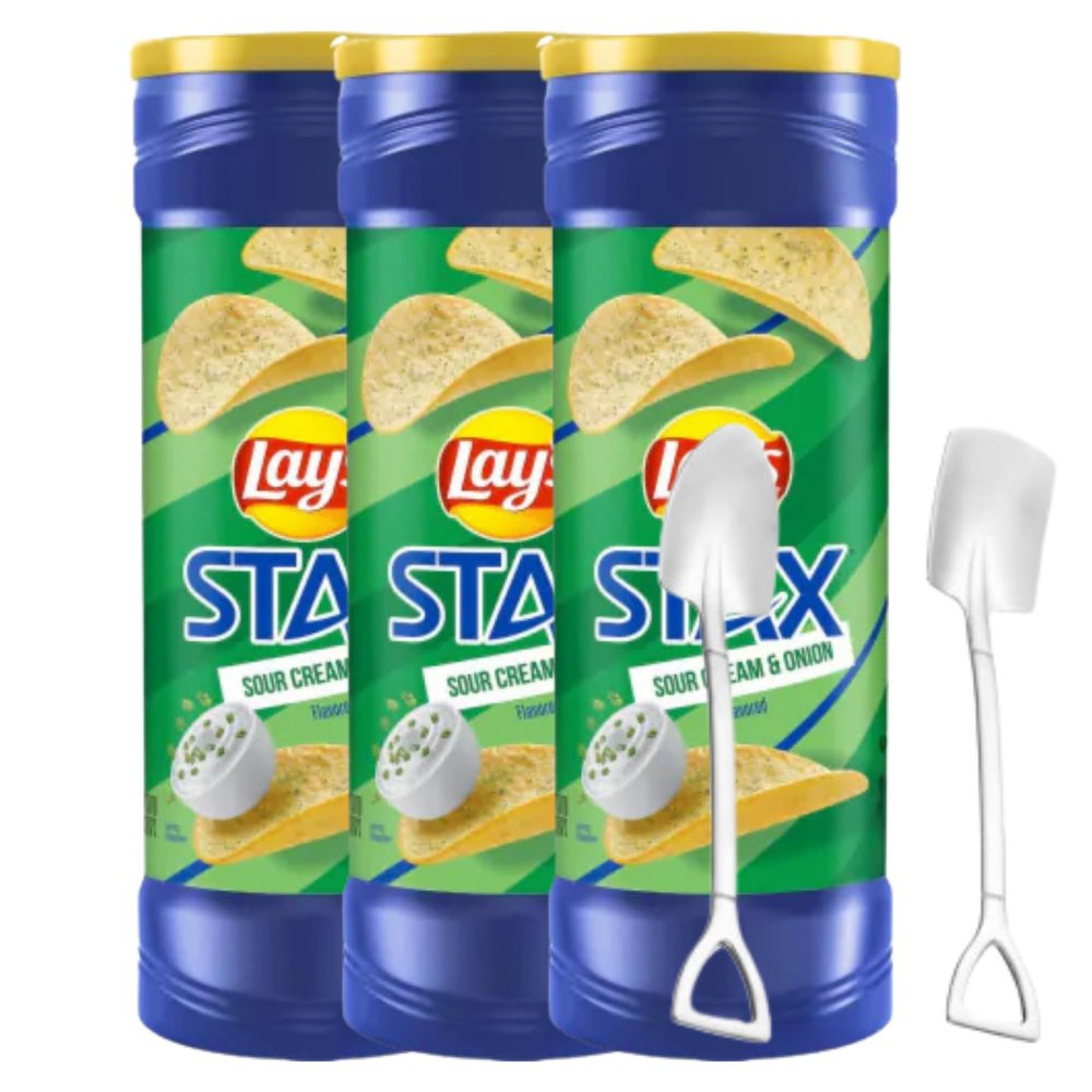 Candy Freezer L@y's St@x Sour Cream & Onion Crisps Potato Chips 5.5 Oz (Pack of 3) Canister Pack with Mini Metal Shovel Spoons (Sour Cream & Onion) Shovel Spoons