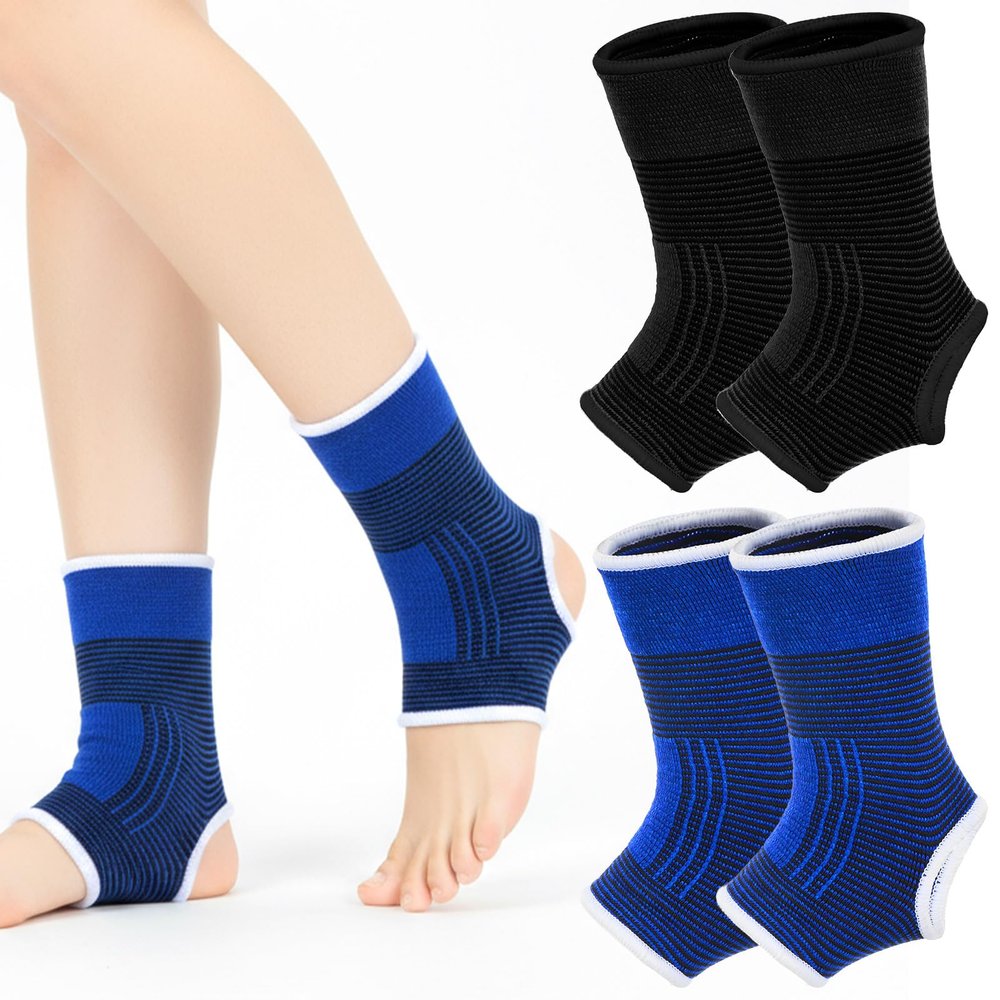 APLZGMG 2 Pairs Compression Ankle Brace for Kids, Elastic Braces for Sprained Ankle, Ankles Support for Youth Aged 6-14, Ankles Compression Sleeve for Dance Sports (Black and Blue)