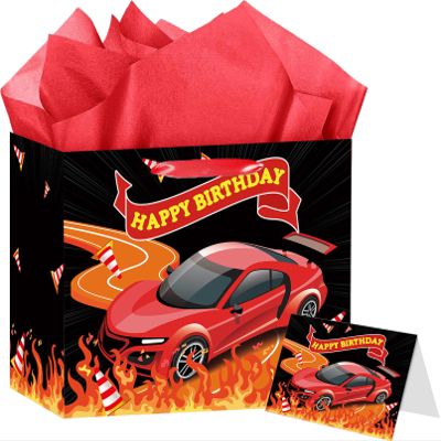 HZRNNA Black Race Car Gift Bag, Happy Birthday Gift Bag with Card and Tissue Paper, Racing Car Themed Birthday Party Decorations for Boys, Girls, Adults, Teenagers, Racing Party Favors Supplies