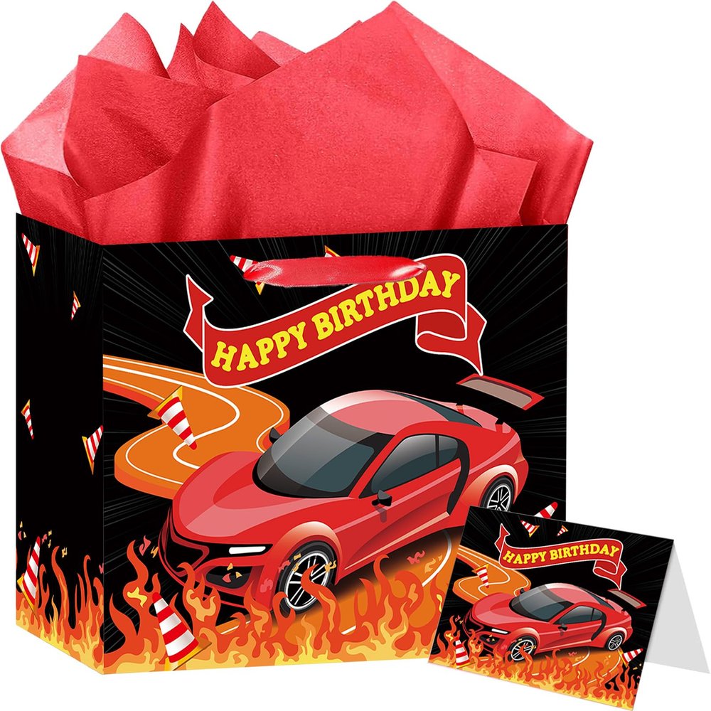 HZRNNA Black Race Car Gift Bag, Happy Birthday Gift Bag with Card and Tissue Paper, Racing Car Themed Birthday Party Decorations for Boys, Girls, Adults, Teenagers, Racing Party Favors Supplies