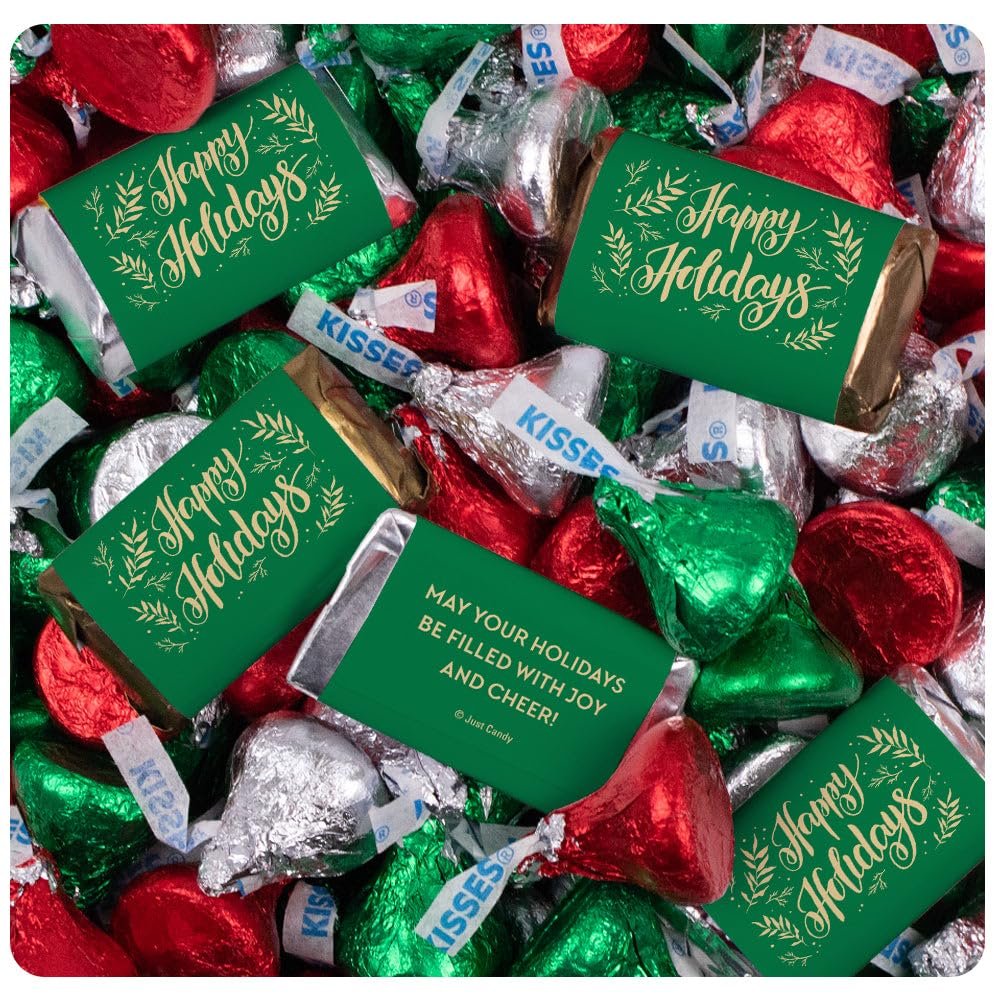 124 Pcs Christmas Party Chocolate Candy Mix Miniatures & Red, Green And Silver Kisses - Happy Holidays (1.52lb)