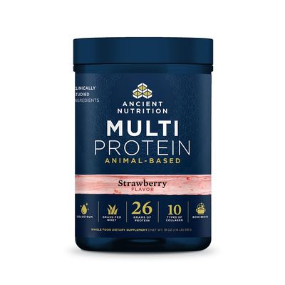 Ancient Nutrition Multi Protein Animal Based Powder, 26g Protein, Grass Fed Whey, Bone Broth, Collagen Peptides, Colostrum & Probiotics, Supports Joint & Gut Health, Strawberry, 15 Servings
