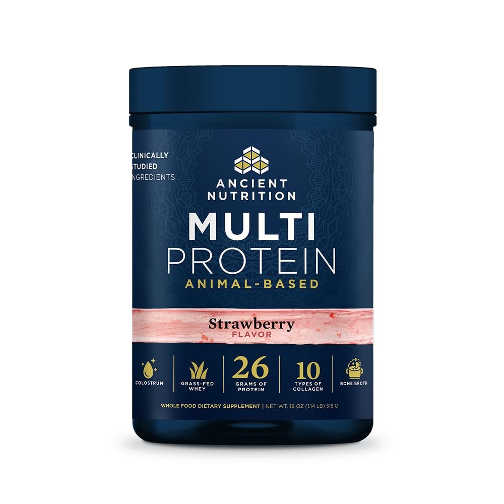 Ancient Nutrition Multi Protein Animal Based Powder, 26g Protein, Grass Fed Whey, Bone Broth, Collagen Peptides, Colostrum & Probiotics, Supports Joint & Gut Health, Strawberry, 15 Servings