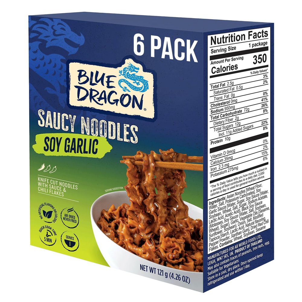 Blue Dragon Soy Garlic Saucy Noodles - 4.2oz (Pack of 6) - Knife Cut Air Dried Noodles w/Soy Garlic Sauce & Chili Garnish - Quick & Easy Meal with Authentic Asian Flavors - Perfect Mild Spicy Noodles
