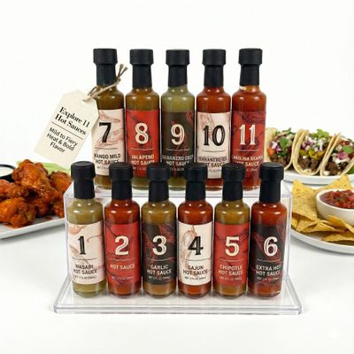 11 Bottle Hot Sauce Variety Pack Spice Set with Habanero, Chipotle, Garlic Sauce & More Gourmet Sauces for Tasting Challenge, Wing sauces Gift Set
