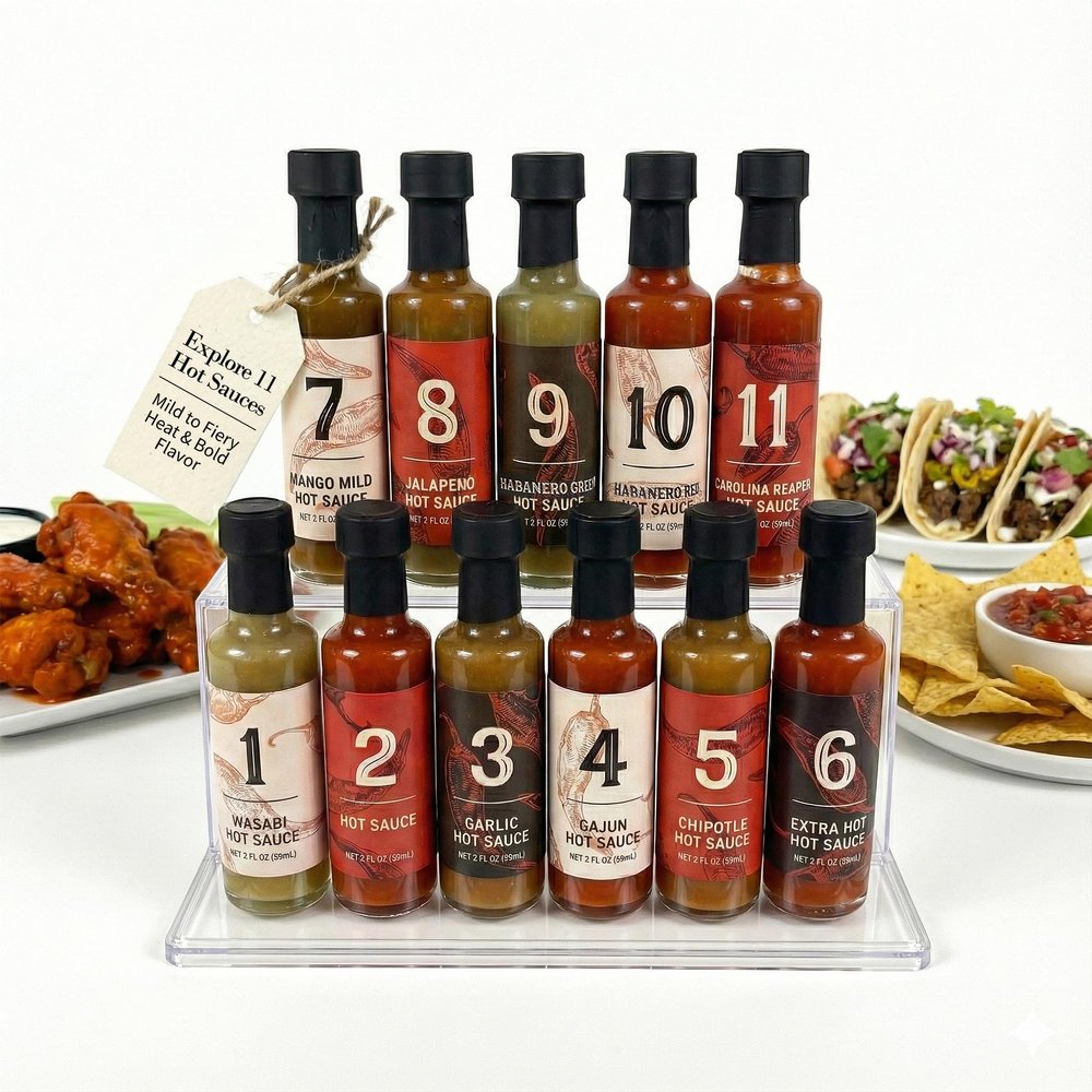 11 Bottle Hot Sauce Variety Pack Spice Set with Habanero, Chipotle, Garlic Sauce & More Gourmet Sauces for Tasting Challenge, Wing sauces Gift Set