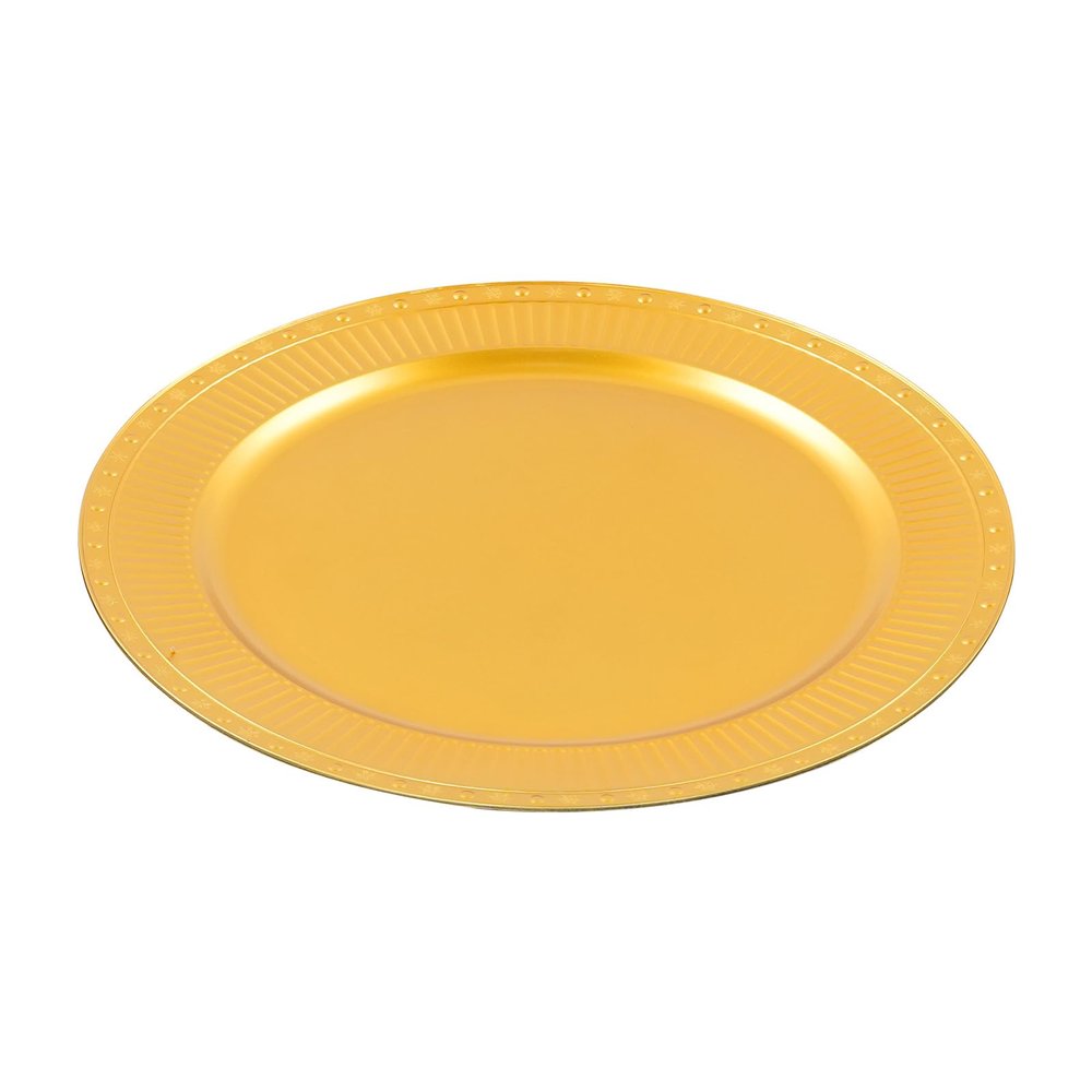 100 Pcs Round Serving Plates 13in Antique Charger Plates Bulk Plastic Charger Plates Set with Stackable &Edge Texture Pattern Table Chargers for Parties, Weddings, Banquets, RestaurantsGold