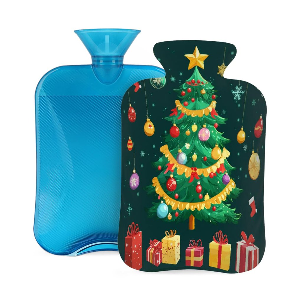 Tangopi Hot Water Bottle with Soft Cover 2L Leakproof PVC Hot Water Bag for Pain Relief, Period Cramps, Hand Feet Warmer, Ideal Gift for Women & Men (Gifts Christmas Tree)