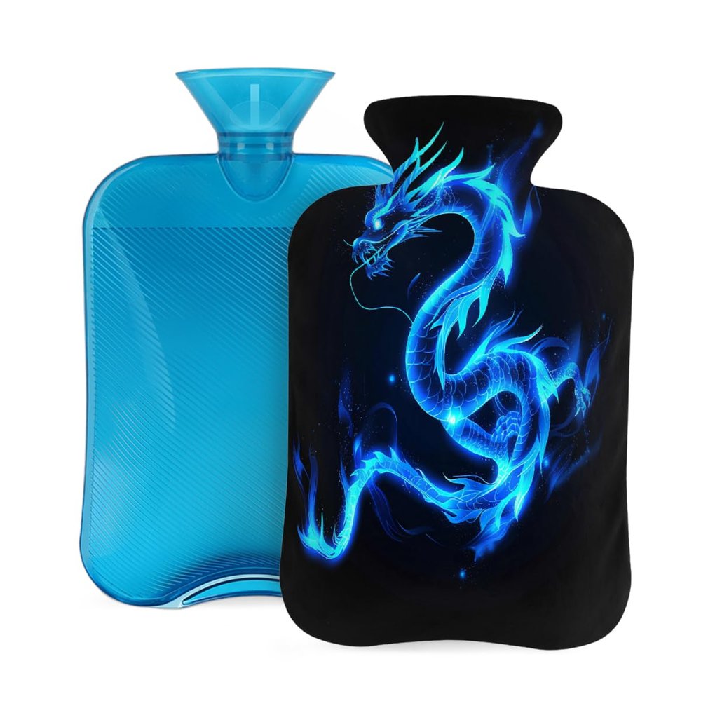 Tangopi Hot Water Bottle with Soft Cover 2L Leakproof PVC Hot Water Bag for Pain Relief, Period Cramps, Hand Feet Warmer, Ideal Gift for Women & Men (Blue Glowing Dragon)
