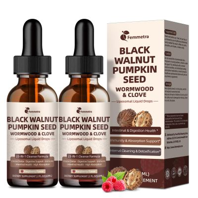 (2 Pack) Black Walnut Wormwood Clove Cleanse for Humans Drops, 23-IN-1 Gut Health Support Supplement with Pumpkin Seed, PAU D'Arco, Oil of Oregano etc for Elimination Detox, Raspberry Flavor, 4 FL OZ