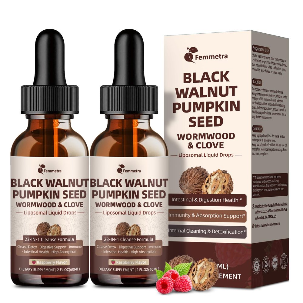 (2 Pack) Black Walnut Wormwood Clove Cleanse for Humans Drops, 23-IN-1 Gut Health Support Supplement with Pumpkin Seed, PAU D'Arco, Oil of Oregano etc for Elimination Detox, Raspberry Flavor, 4 FL OZ