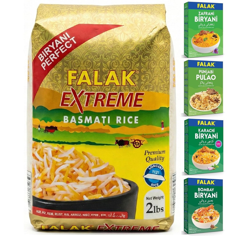 Falak Extreme Basmati Rice 2lb & Variety Rice Recipe Combo (Basmati Rice, Biryani Masala Recipe Mix and Pulao Recipe Mix Bundle) - Resealable Bag - Naturally Aromatic, Aged, Flavorful, Slender, Non Sticky Grains with Delicious Rice Recipe Mixes