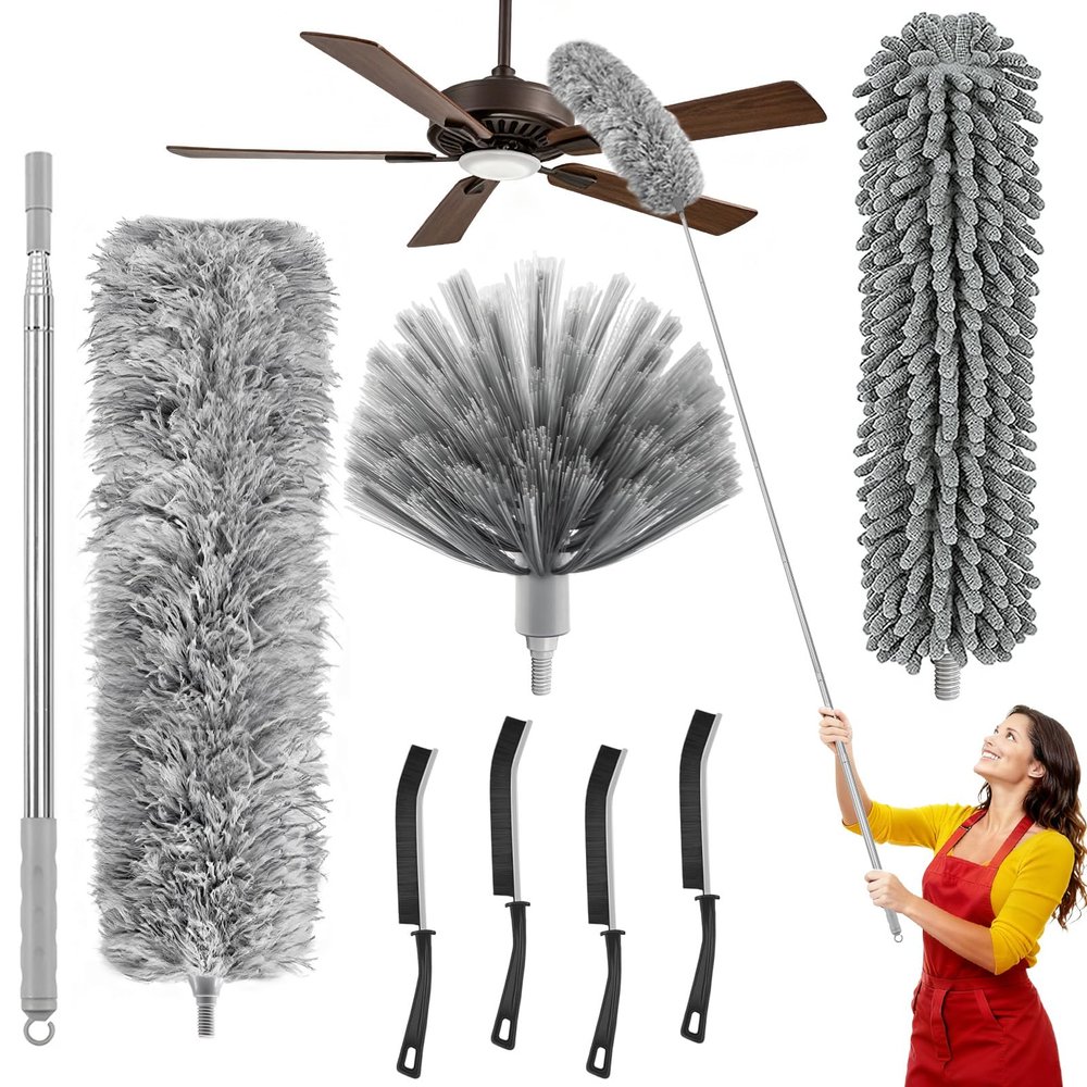 8-Piece Microfiber Feather Duster Set with Extension Pole (16.1" to 100"), Extendable Cobweb & Ceiling Fan Duster for Cleaning Cobweb, Ceiling Fan, Blind, Furniture