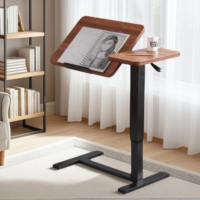 KEIKI Overbed Bedside Desk, Mobile Rolling Laptop Stand Tilting Overbed Table with Wheels, Height Adjustable Tray Bedside Table for Laptop Bed Sofa, Walnut
