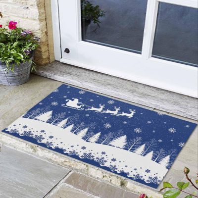 Non-Slip Front Door Mat, Santa Claus Reindeer on Blue Bath Rug, Snowflakes Christmas Tree Welcome Doormats for Entryway/Bedroom/Bathroom Entrance,24x36In