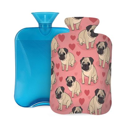 Tangopi Hot Water Bottle with Soft Cover 2L Leakproof PVC Hot Water Bag for Pain Relief, Period Cramps, Hand Feet Warmer, Ideal Gift for Women & Men (Pug Puppy Hearts)