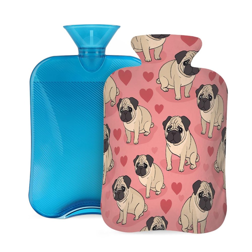 Tangopi Hot Water Bottle with Soft Cover 2L Leakproof PVC Hot Water Bag for Pain Relief, Period Cramps, Hand Feet Warmer, Ideal Gift for Women & Men (Pug Puppy Hearts)