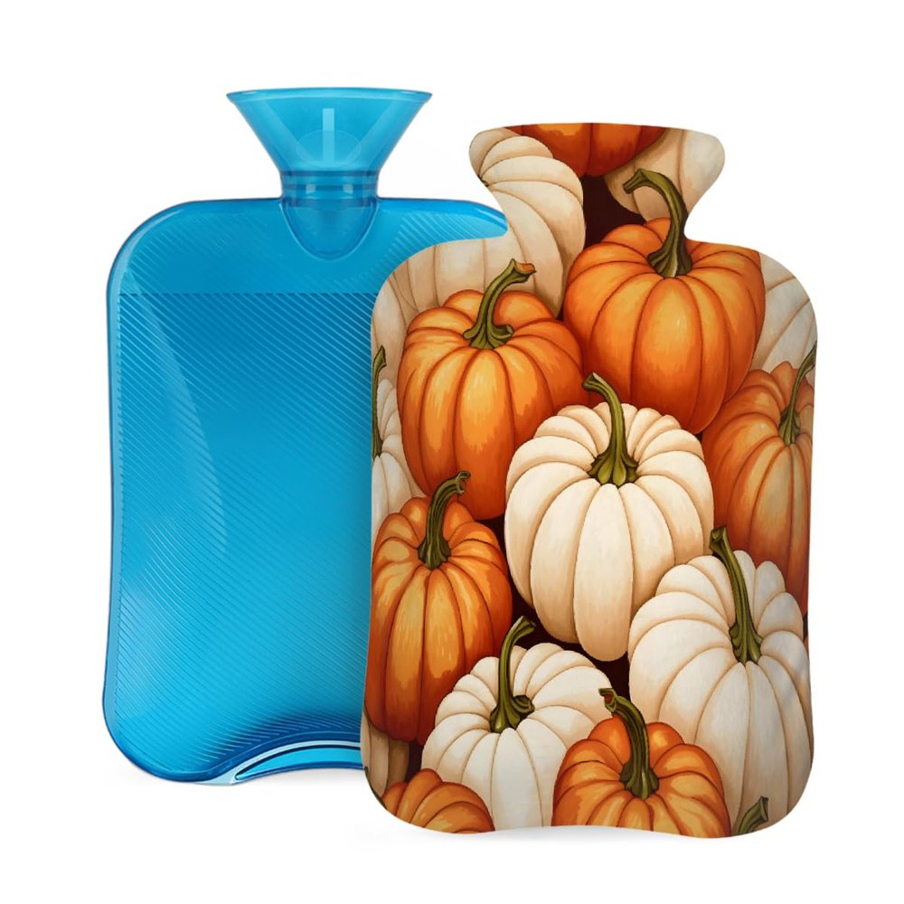 Tangopi Hot Water Bottle with Soft Cover 2L Leakproof PVC Hot Water Bag for Pain Relief, Period Cramps, Hand Feet Warmer, Ideal Gift for Women & Men (Fall Harvest Pumpkins)