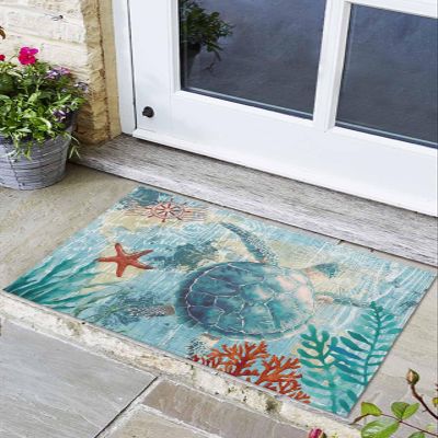 Non-Slip Front Door Mat, Teal Sea Turtle Starfish Coral Bath Rug, Underwater Marine Life Welcome Doormats for Entryway/Bedroom/Bathroom Entrance,24x36In