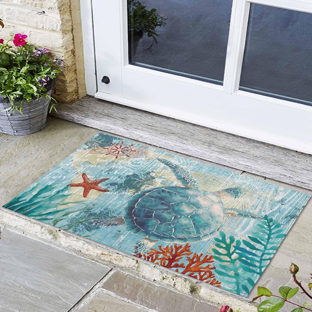 Non-Slip Front Door Mat, Teal Sea Turtle Starfish Coral Bath Rug, Underwater Marine Life Welcome Doormats for Entryway/Bedroom/Bathroom Entrance,24x36In