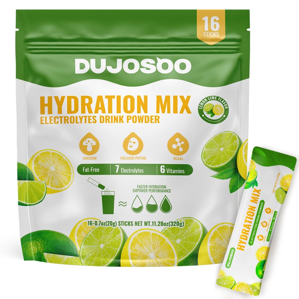 Dujosoo Electrolyte Powder, Sugar Free Lemon Flavor, 7 Electrolytes & 6 Vitamins, with Lion's Mane, Collagen, BCAA, Keto Friendly, Vegan, Non-GMO, 11.28oz(16 Sticks)