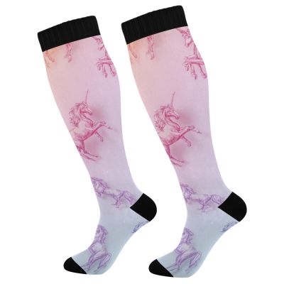 Gradient Cute Unicorns Compression Socks for Women Men Circulation Knee High Stocking for Athletic Running Nurse Travel