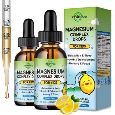 (2 Pack) Magnesium Glycinate Liquid for Kids, Kids Magnesium Liquid Drops Supplement with L-Theanine, Calcium, Zinc, Vitamin D3 K2 for Sleep Calm Relaxation Brain Bones Focus, Lemon Flavor 4 Fl Oz