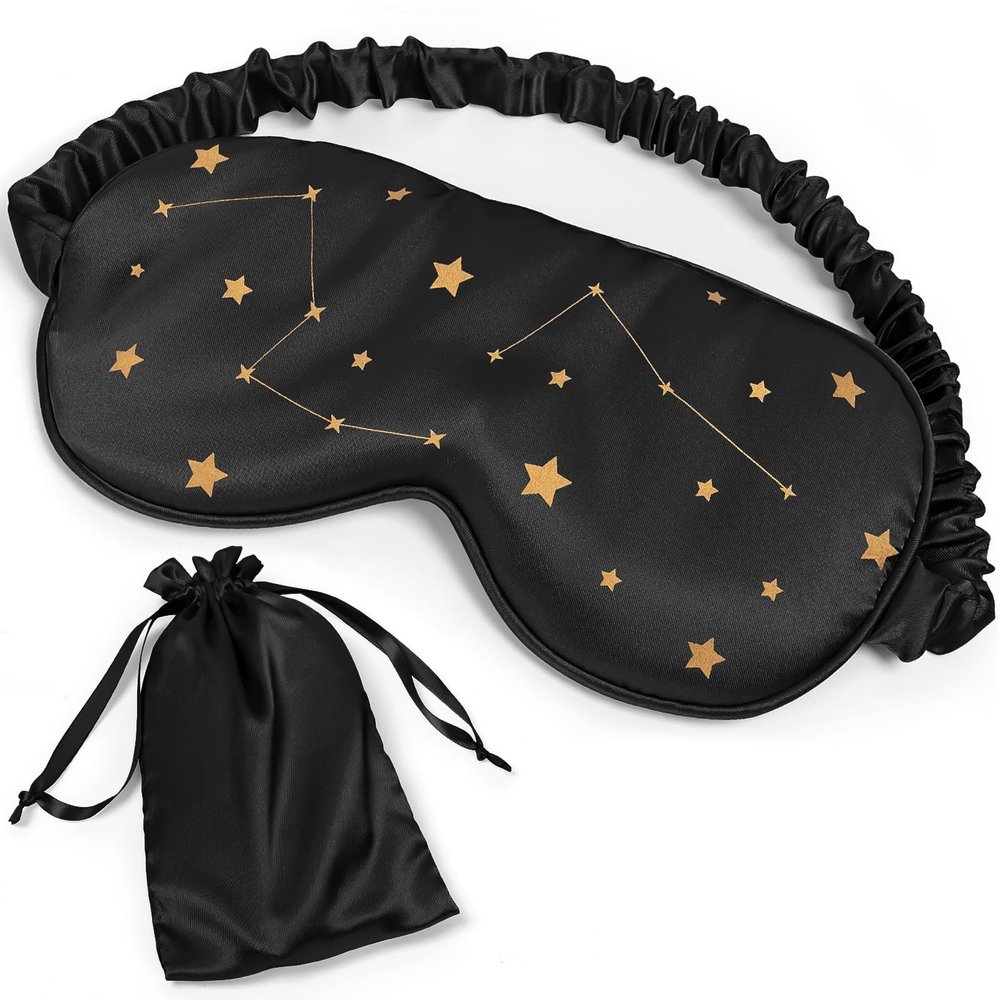 100% Natural Mulberry Silk Sleep Eye Mask with Adjustable Elastic Band for Women & Men Soft Light Blocking Cover Eyeshade Blindfold with Star Printed (Black)