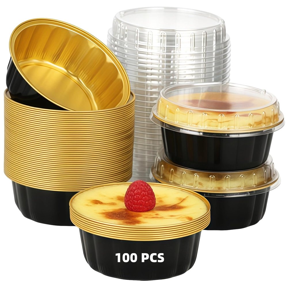 100 PCS Aluminum Foil Cups with Lids, 8 oz Disposable Ramekins for Baking Serving, Round Foil Containers with Clear Lids for Cupcakes, Desserts, Pudding, Muffins, Party, Holiday Events
