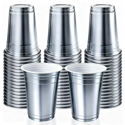 16 oz - 100 Count Metallic Plastic Cups, Disposable Plastic Party Cups for Easy Cleanup and Large Gatherings, Gold Metallic Cups for Birthdays, Parties, Christmas, and Everyday Use (Silver)