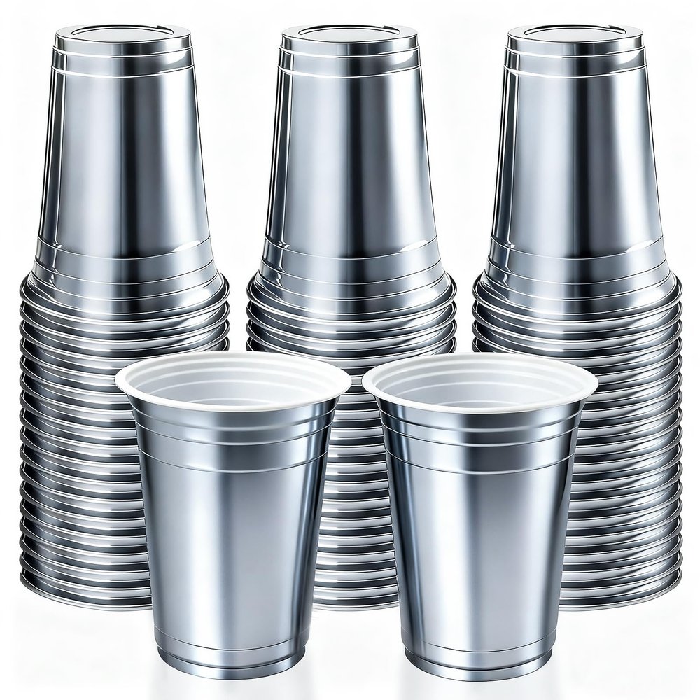 16 oz - 100 Count Metallic Plastic Cups, Disposable Plastic Party Cups for Easy Cleanup and Large Gatherings, Gold Metallic Cups for Birthdays, Parties, Christmas, and Everyday Use (Silver)