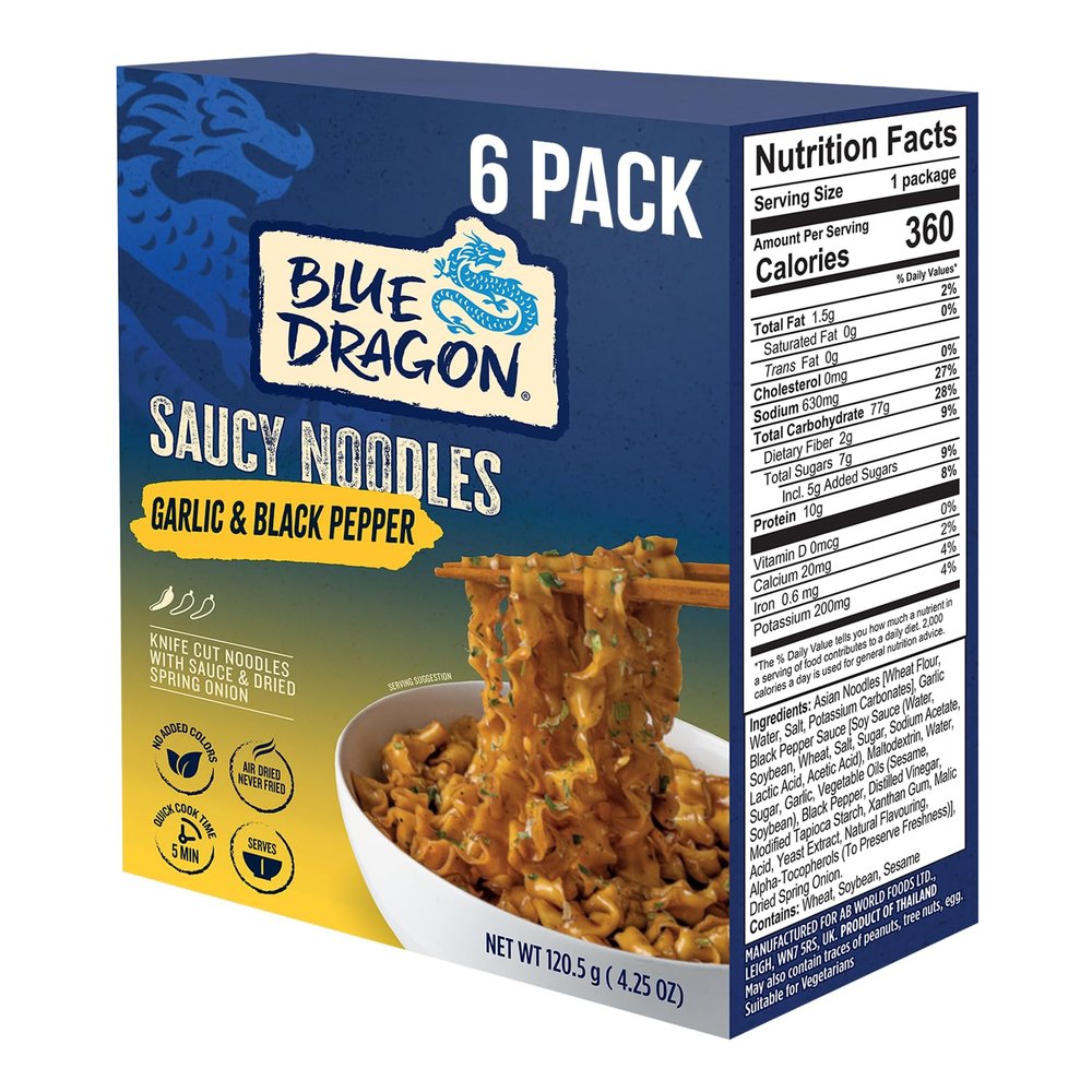 Blue Dragon Garlic & Black Pepper Saucy Noodles - 4.25oz (Pack of 6) - Knife Cut Air Dried Noodles w/Garlic & Black Pepper Sauce & Spring Onion Garnish - Quick & Easy Meal with Bold Asian Flavors