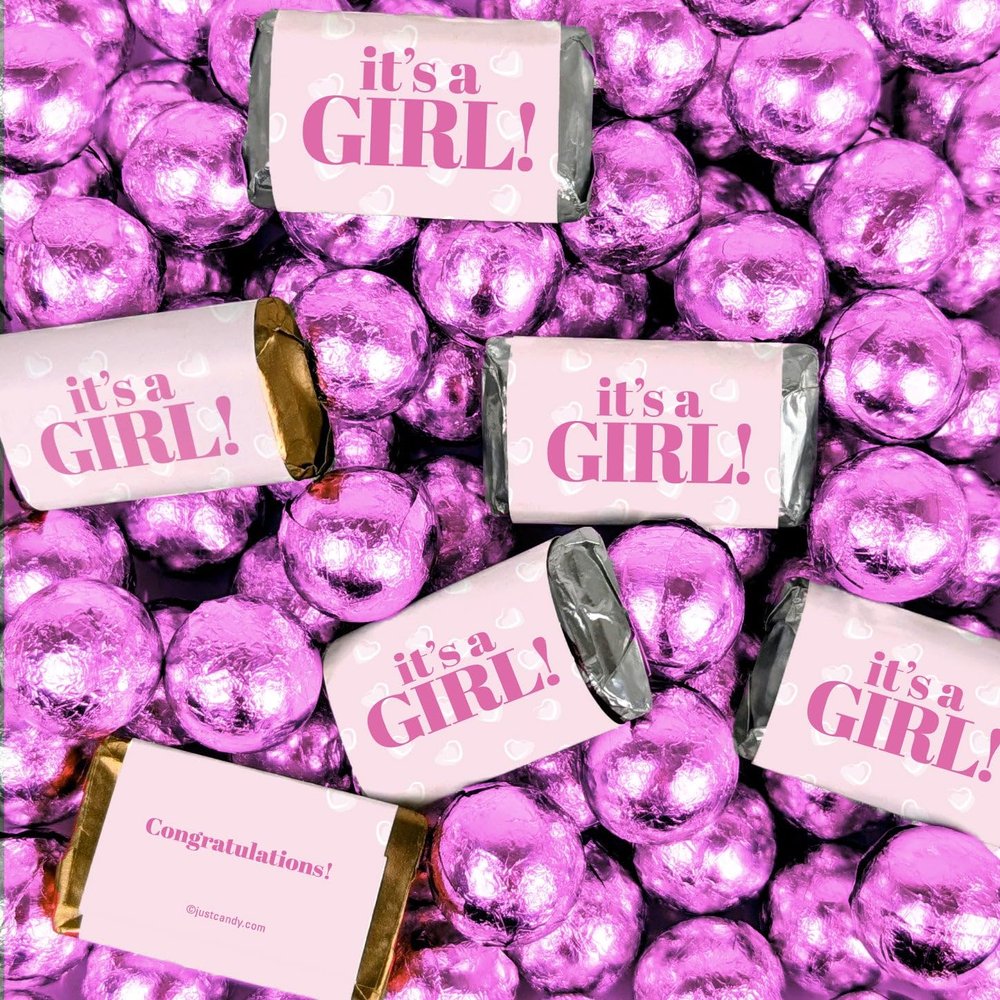 140 pcs It's A Girl Assorted Wrapped Chocolate Miniatures and Pink Milk Chocolate Balls (3.24lb) - Hearts