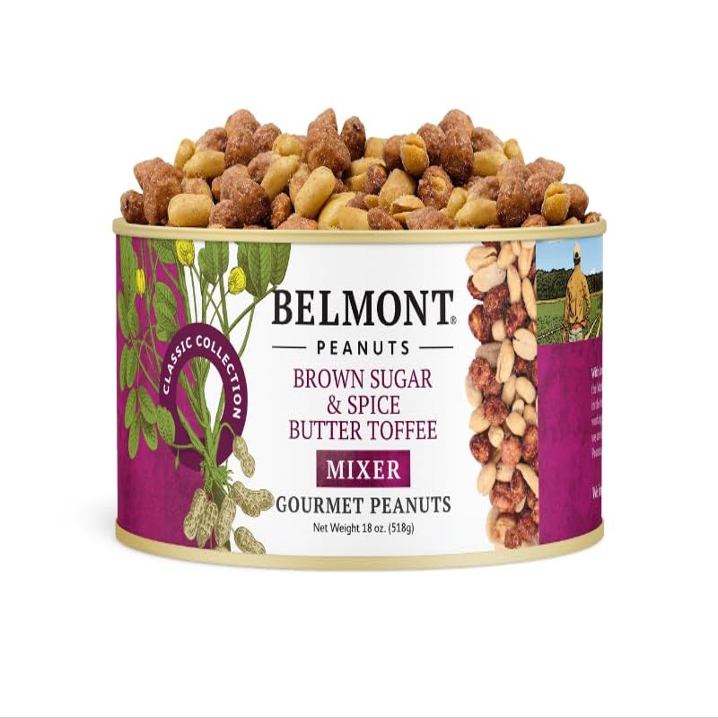 Belmont Peanuts Gourmet Brown Sugar & Spice Flavored Virginia Peanuts Mixer, 18 oz (1 Pack) Simple Ingredients, No Preservatives, Hand Seasoned Snack