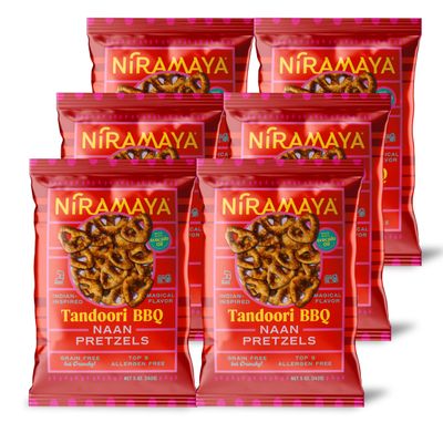 Niramaya Tandoori BBQ Naan Pretzels Smoky Indian Tandoori Snack, Avocado Oil, Allergen Free, Real Ingredients, 6 PACK, 5 oz Bags