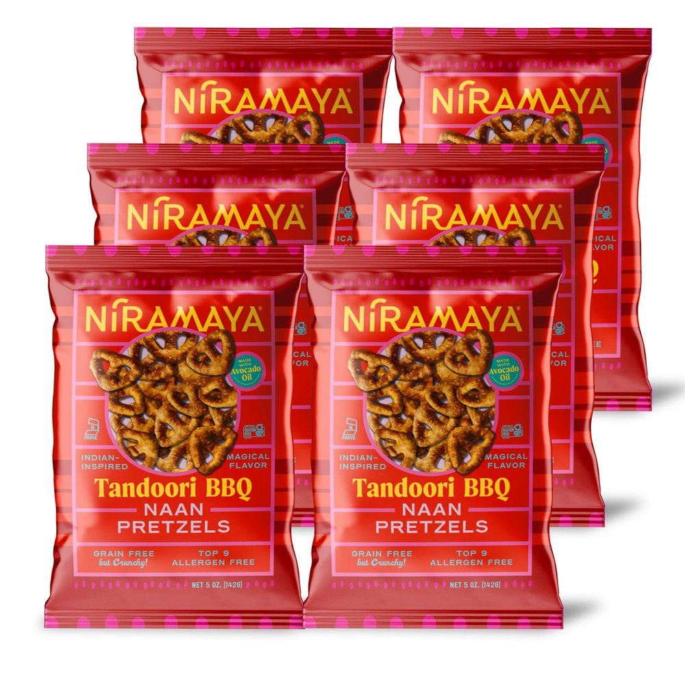 Niramaya Tandoori BBQ Naan Pretzels Smoky Indian Tandoori Snack, Avocado Oil, Allergen Free, Real Ingredients, 6 PACK, 5 oz Bags