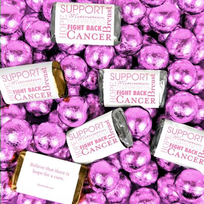 204 Pcs Breast Cancer Awareness Strength in Words Wrapped Chocolate Miniatures and Pink Milk Chocolate Balls (3.24lb)