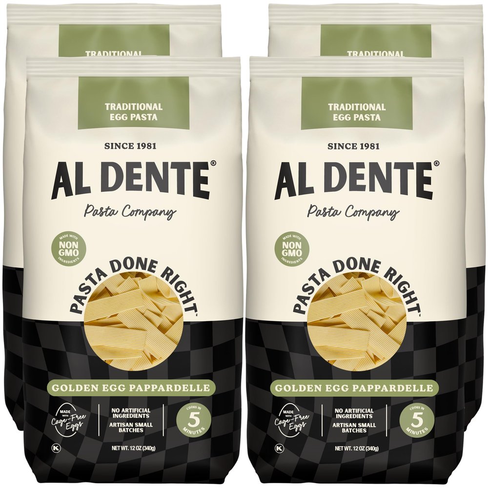 Al Dente Golden Egg Pappardelle All-Natural, Hand-Crafted Egg Pasta. Traditional Pasta Noodles Made with Cage-Free Eggs and Semolina. (Packaging May Vary) - 12oz Bags (Pack of 4)