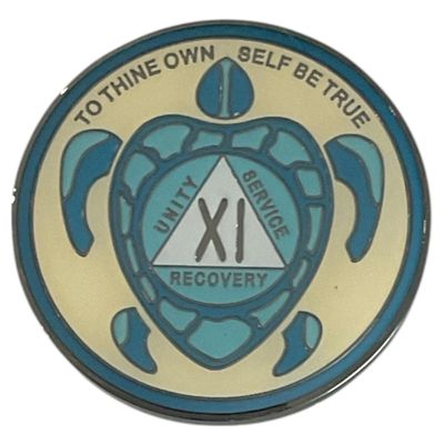 11 Year AA, Recovery Sea Turtle Medallion, Sobriety Token, Blue and Gold