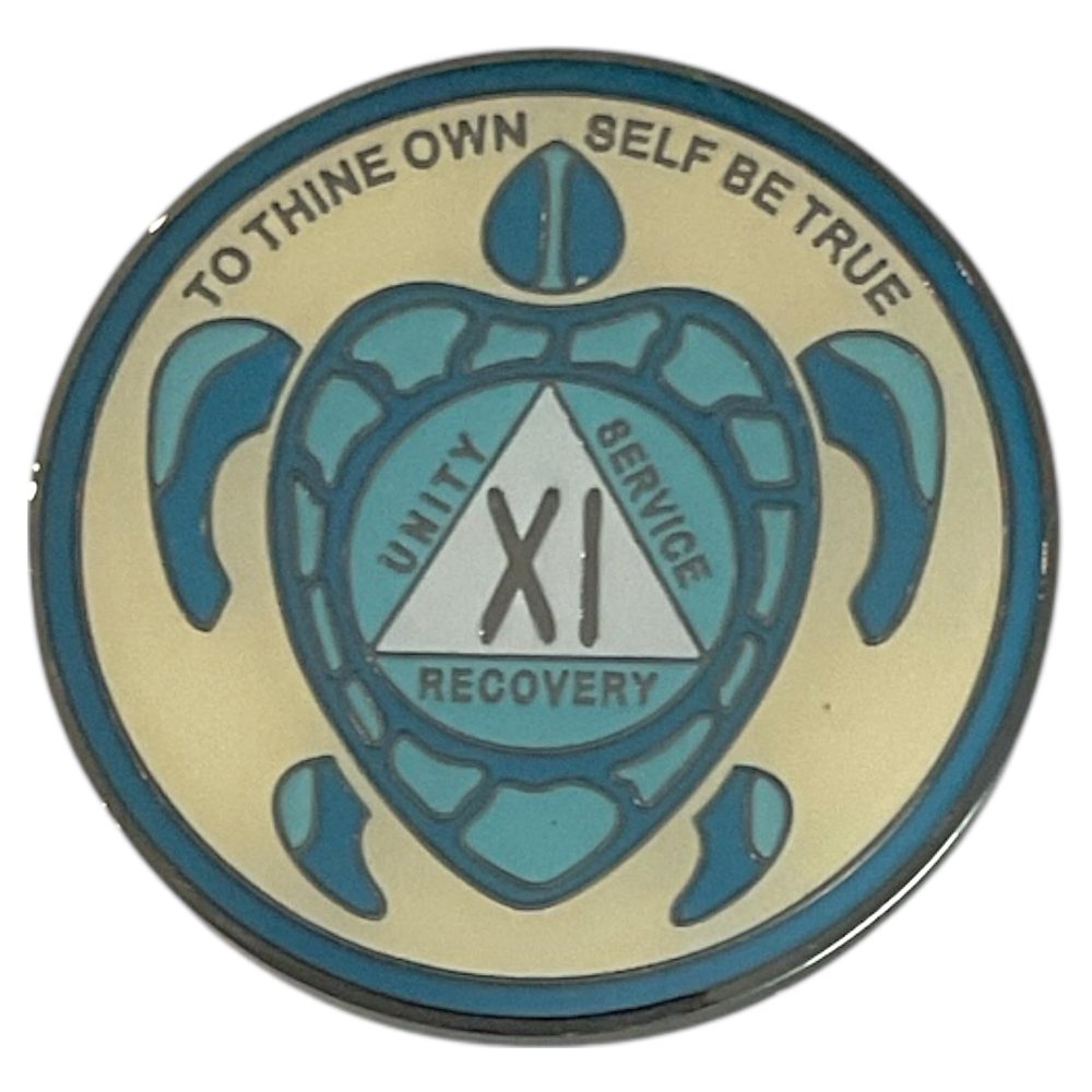 11 Year AA, Recovery Sea Turtle Medallion, Sobriety Token, Blue and Gold