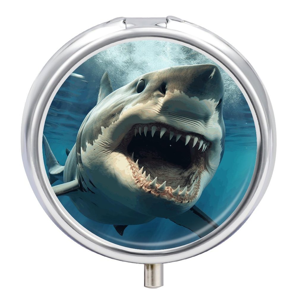 Shark Mouth Pill Box 3 Compartment Waterproof Pill Case with Mirror Portable for Purse Pocket Daily Medicine Vitamin Organizer Travel Med Container Holder for Fish Oil Supplements